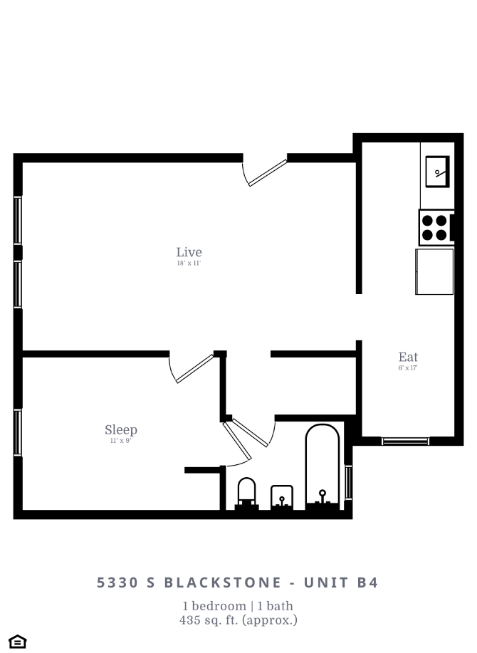 Floor plan for 1 bed, 1 bath, 435 sqft